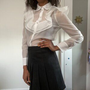 Sheer Ruffled White Blouse With Diamond Buttons